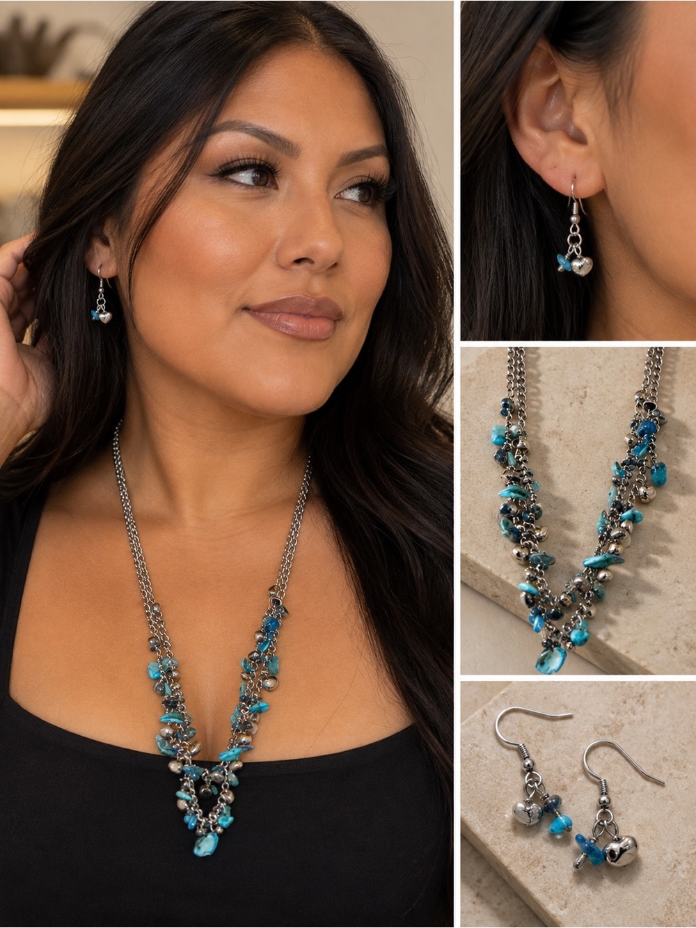 Turquoise Pebble Pioneer Bead Cluster Necklace & Earring Set